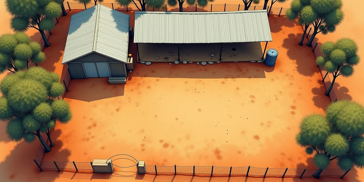 The backyard seen from above, like a map: the shed, the verandah, the water tank and the gate