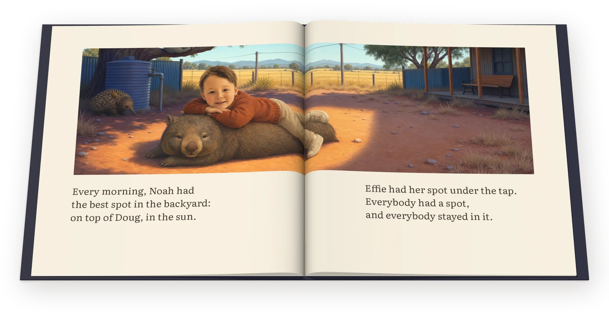 Spread 1: Noah lying on Doug the wombat in the sun, Effie by the water tank