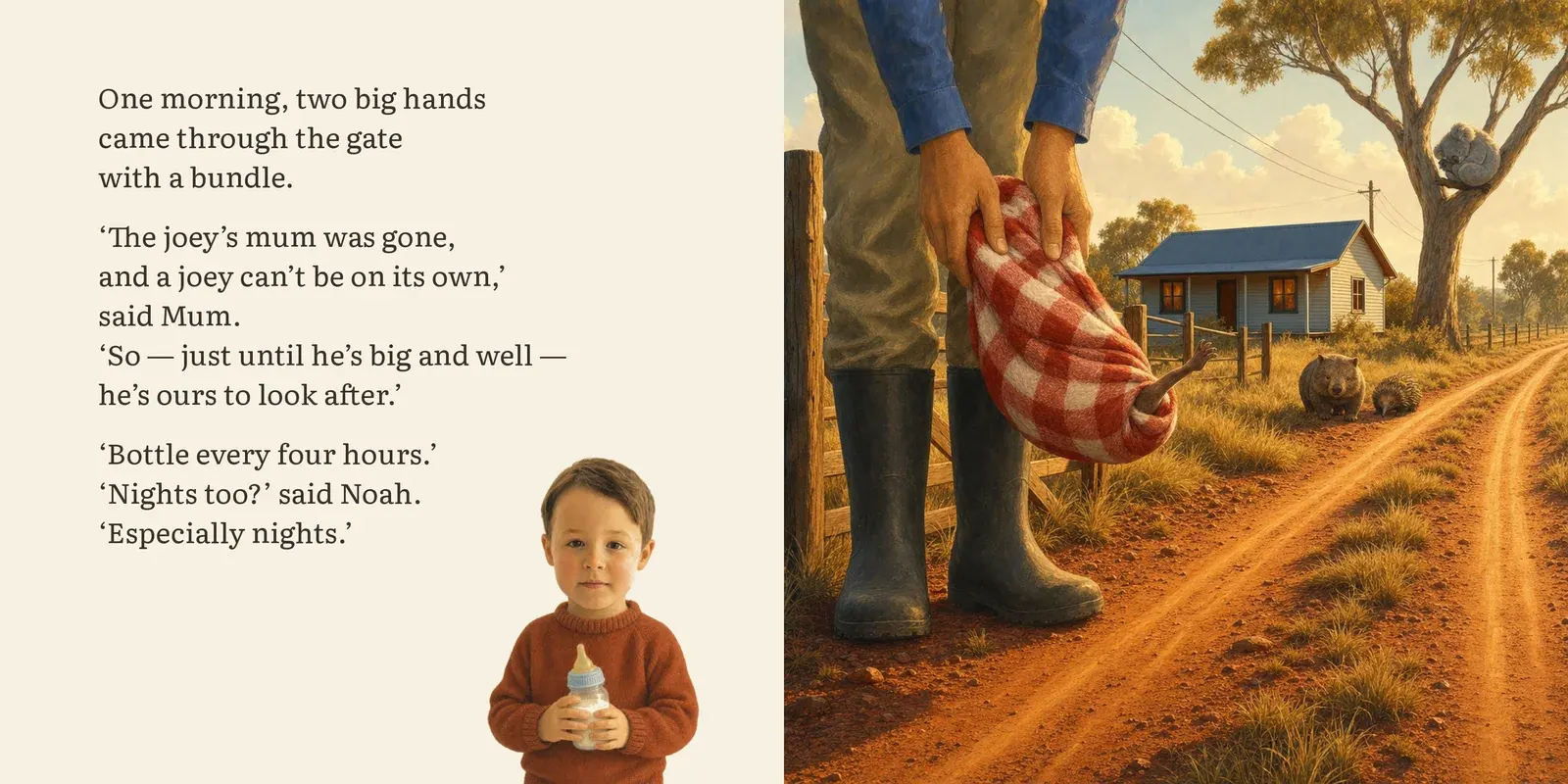 Spread 2: Noah holding a bottle, two big hands bringing a bundle through the gate