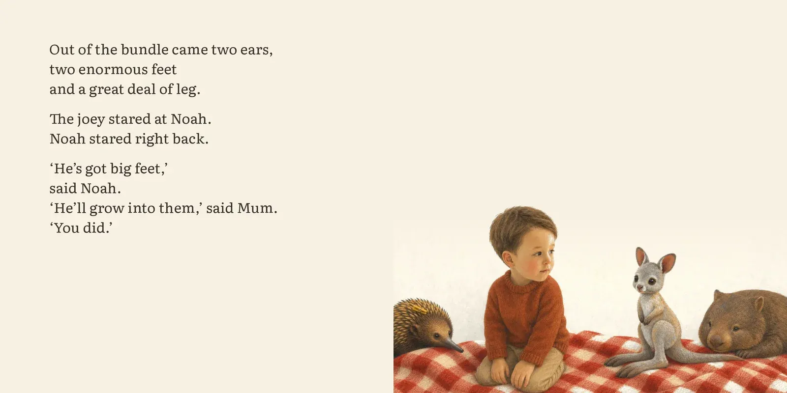 Spread 3: Noah and the joey staring at each other on a picnic rug