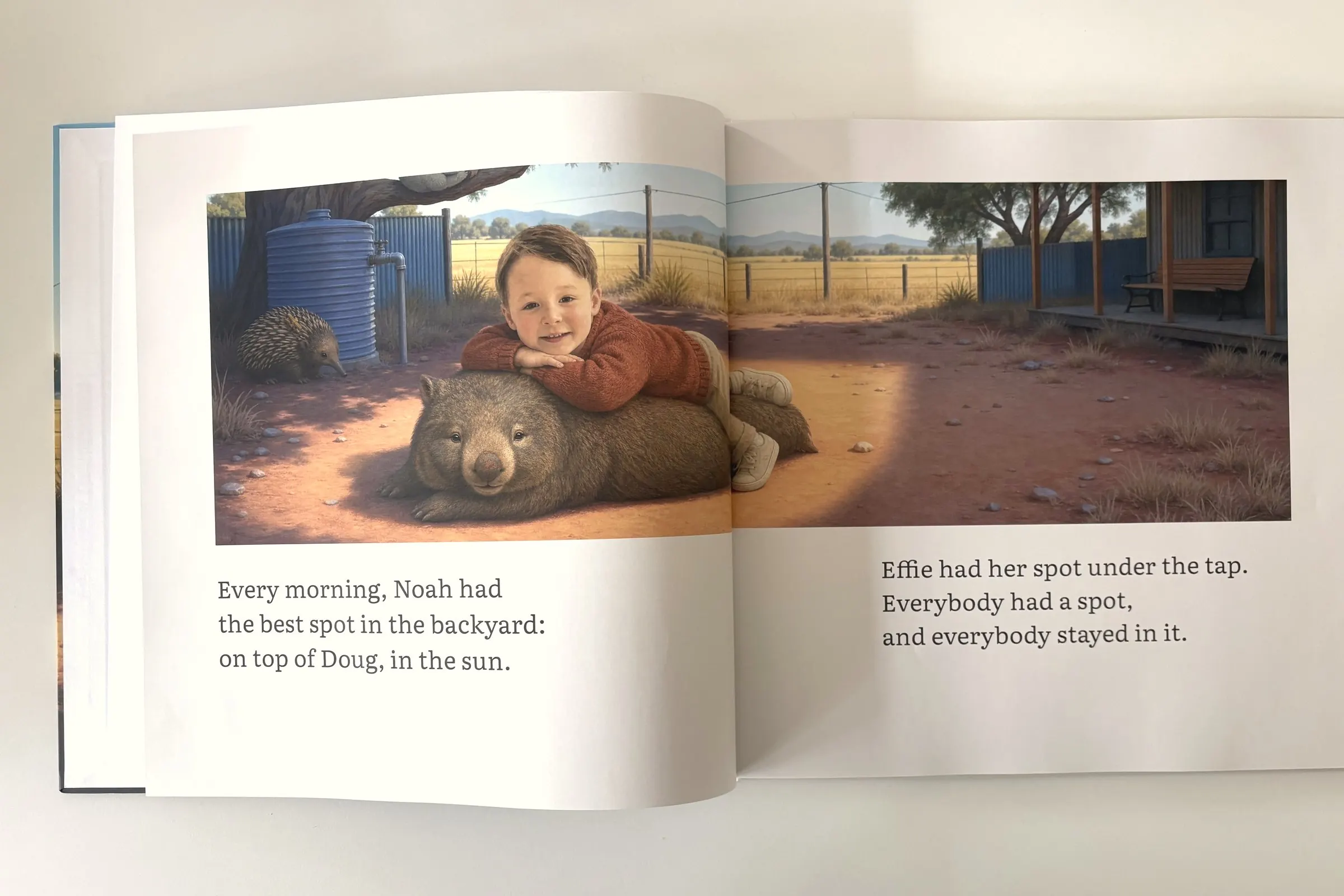 Spread 1: Noah lying on Doug the wombat in the sun, Effie by the water tank